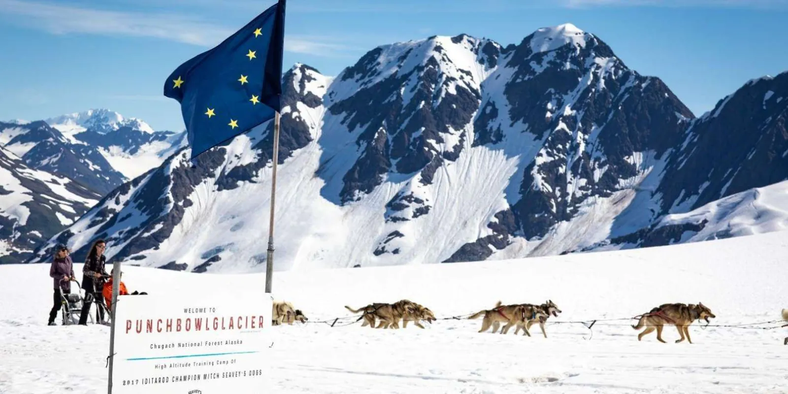 A dog team running past the Punchbowl Glacier sign beneath the Chugach peaks, an Alaska state flag flying at the camp